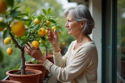 Femme m&eacute;ditant sur un balcon avec un citronnier jaune