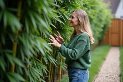 Femme souriante près d'une haie de bambous dans le jardin