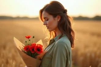 Femme tenant un bouquet de coquelicots sauvages dans un champ de blé, symbolisant le souvenir et l'hommage floral en 2026