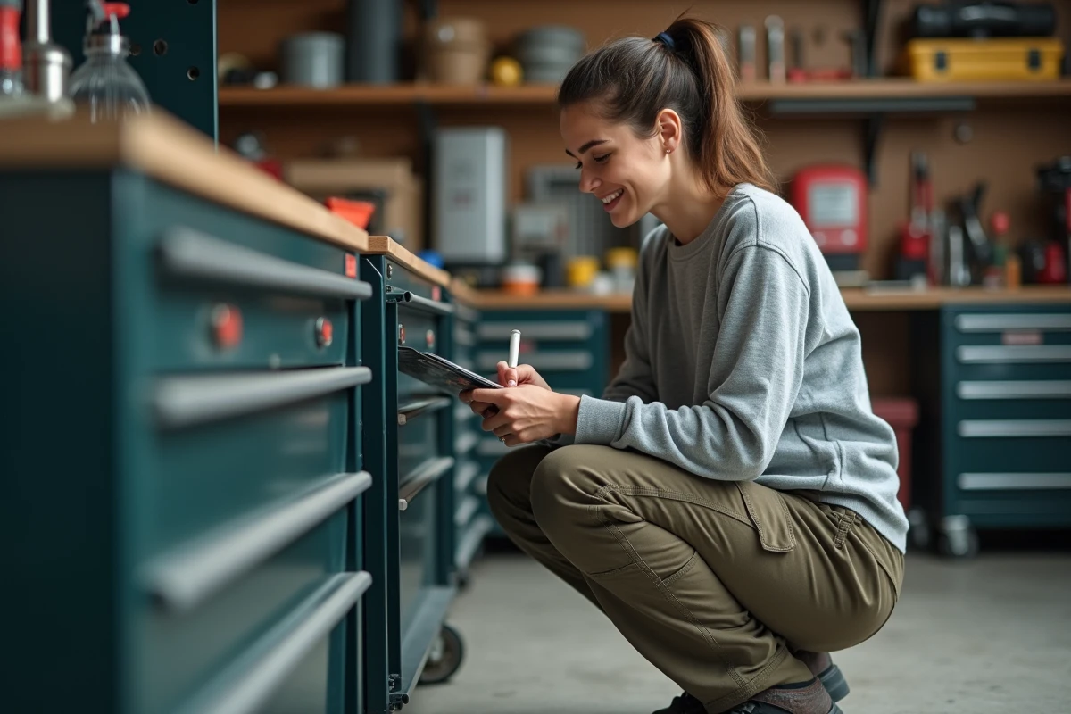 Femme remplit une checklist dans un garage moderne