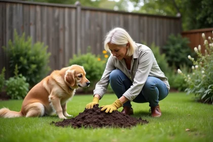 Femme avec son chien golden retriever inspectant une taupinière dans le jardin