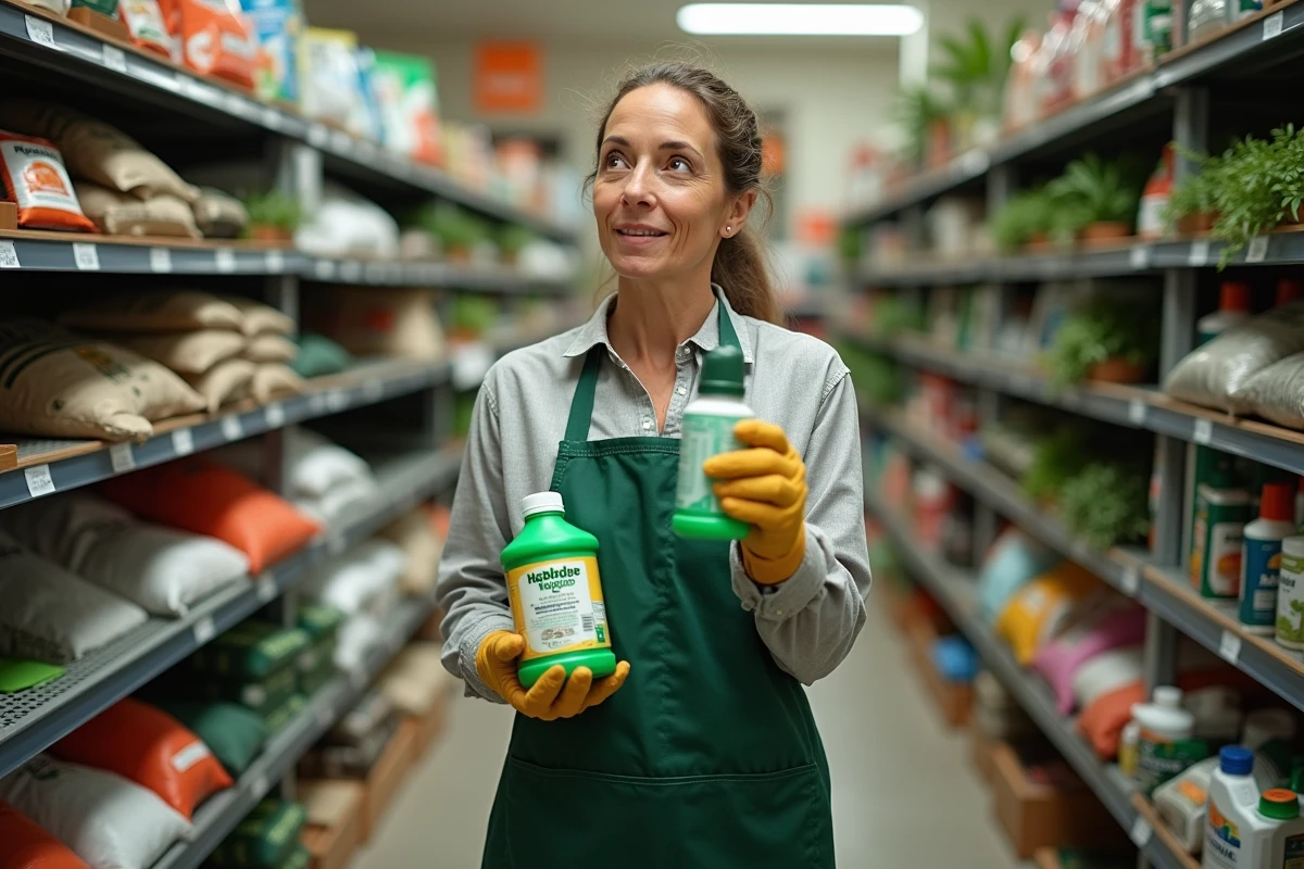 Femme comparant des désherbants alternatifs et du glyphosate dans un magasin de jardinage