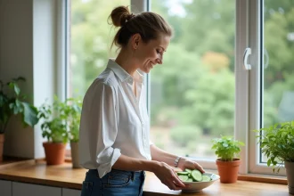 Femme en cuisine posant un bol de concombre