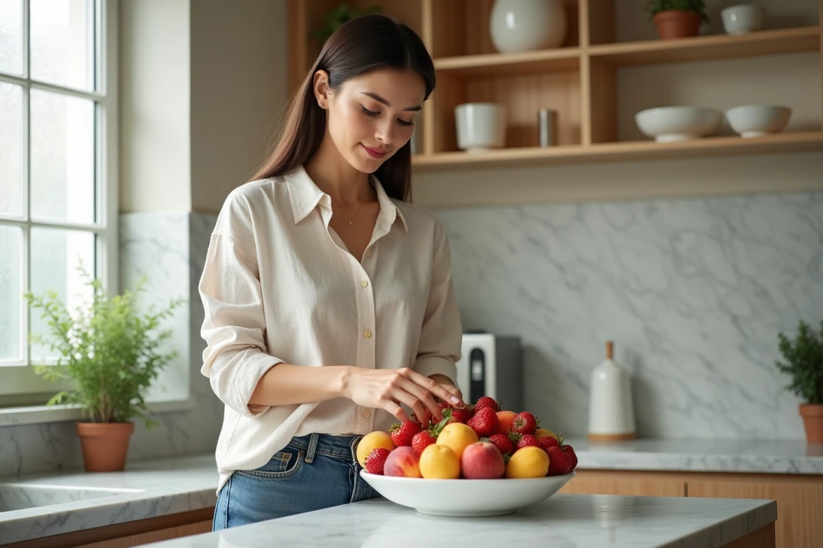 Femme préparant un bol de fruits frais de saison en juin dans une cuisine lumineuse avec comptoir en marbre