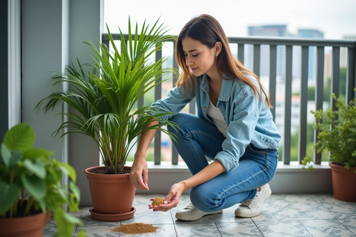Jeune femme soignant un palmier en balcon urbain