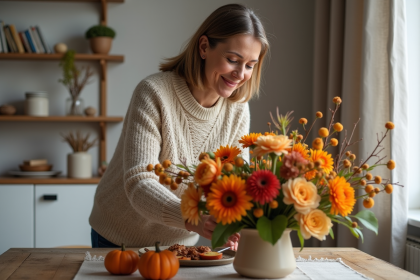Femme d'âge moyen arrangeant un bouquet de fleurs d'automne