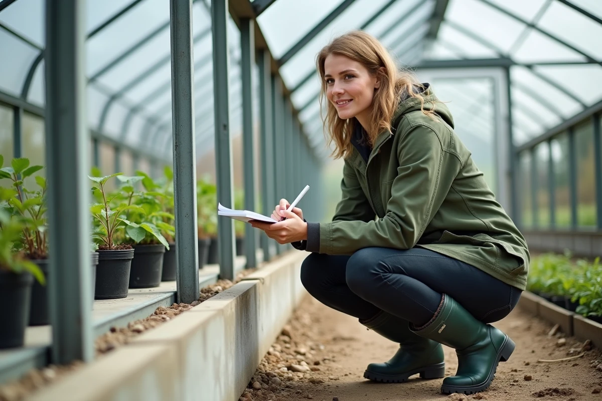 Jeune femme inspectant la fondation dans la serre