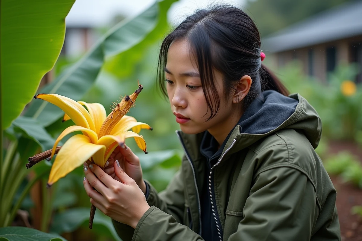 Jeune femme inspectant une fleur de bananier après la pluie