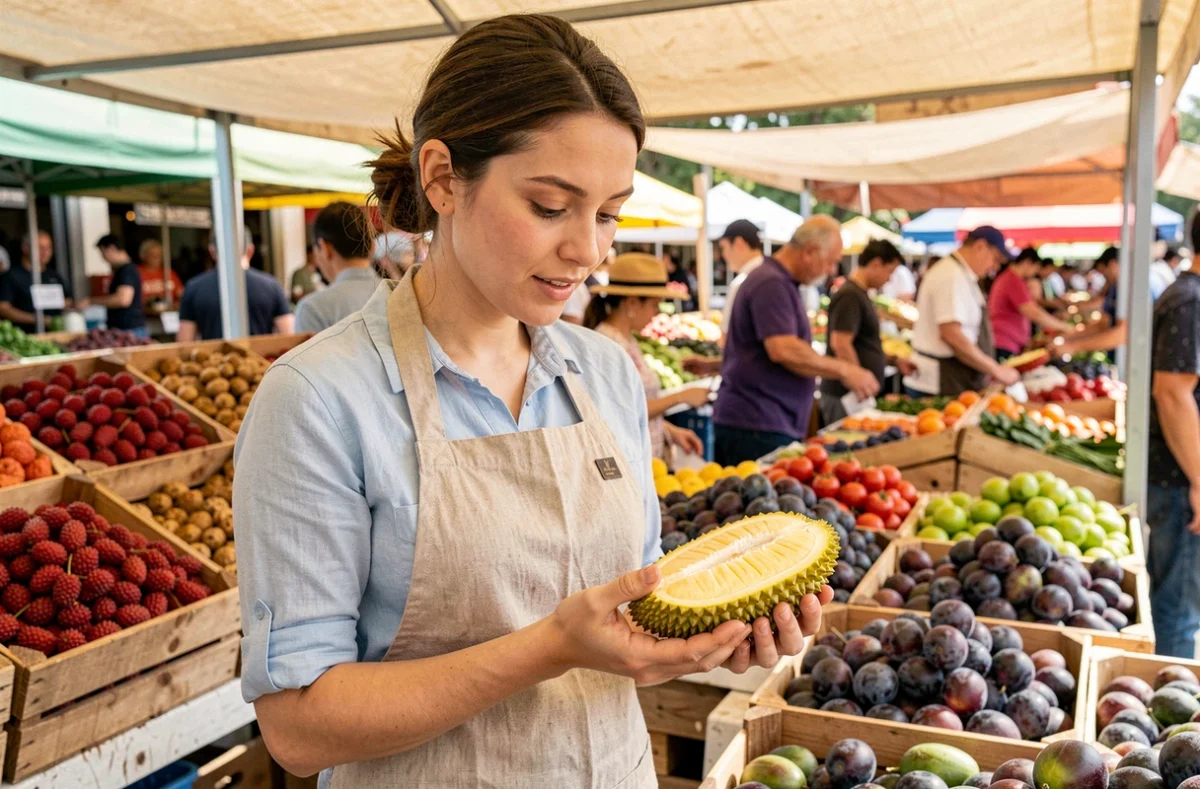 Femme tenant un jackfruit coupé en deux dans un marché de fruits exotiques
