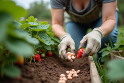 Femme saupoudrant coquilles d'oeufs autour des fraisiers
