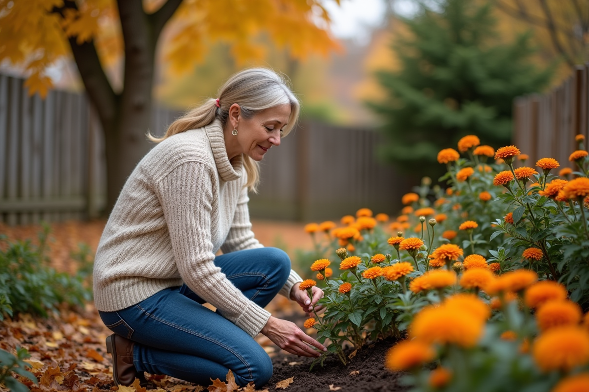 Femme plantant des chrysanthemes dans un jardin automnal