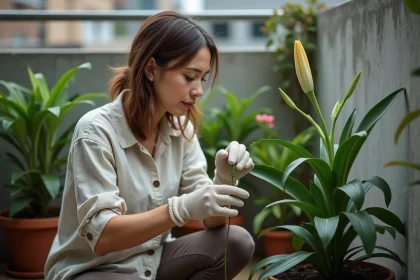 Femme en lin et gants de jardinage près d'une lys en balcon