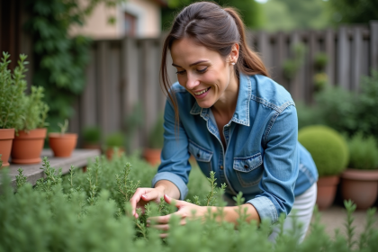 Femme en denim taillant du thym dans un jardin rustique