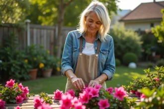 Femme en jardinage sélectionnant des bougainvillées fraîches