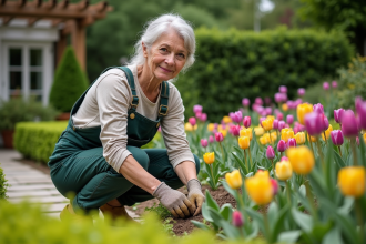 Femme en salopette jardinant parmi des fleurs colorées