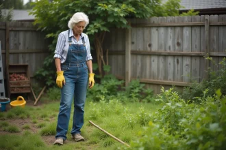 Femme d'âge moyen examinant une pelouse en désordre dans son jardin