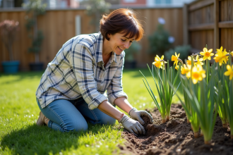Femme jardinant avec gants en pleine nature au printemps