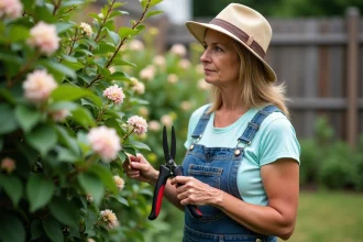 Femme en tenue de jardinage observant un buisson de crape myrte