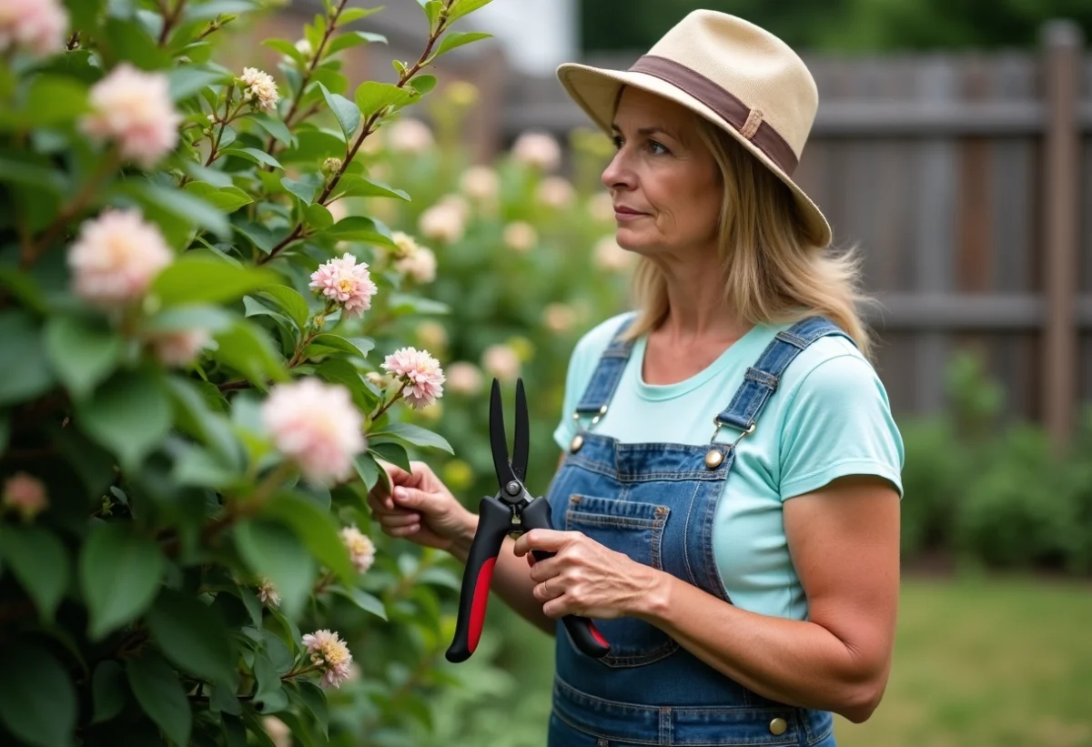 Femme en tenue de jardinage observant un buisson de crape myrte