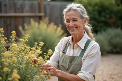 Femme souriante examinant des buissons de waxflower en jardin sec