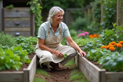 Femme jardinière examinant le sol d'un potager en permaculture avec des cultures associées et des bacs en bois surélevés