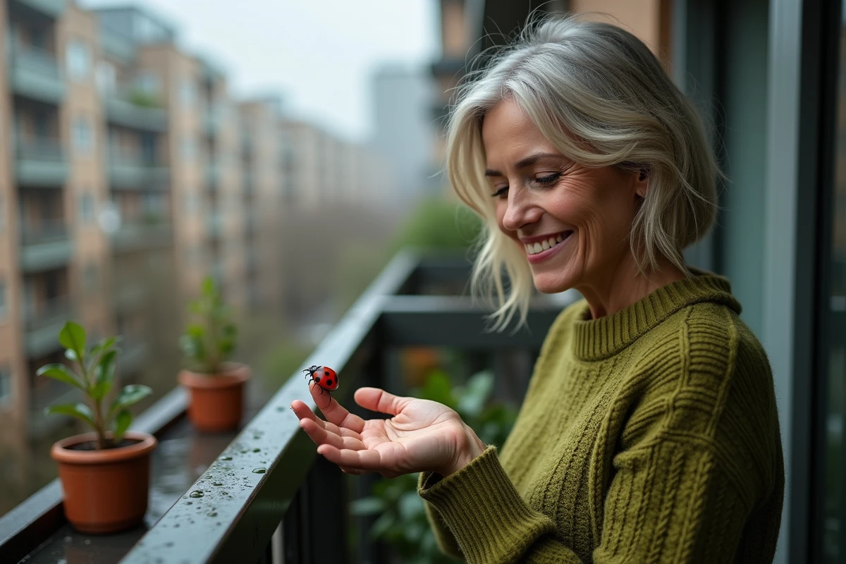 Femme tenant une coccinelle sur ses doigts apr&egrave;s la pluie