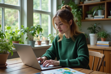 Femme utilisant logiciel de jardinage sur ordinateur à la maison