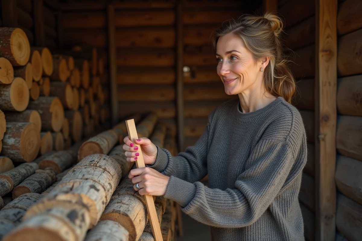 Femme mesurant du bois dans un abri rural chaleureux
