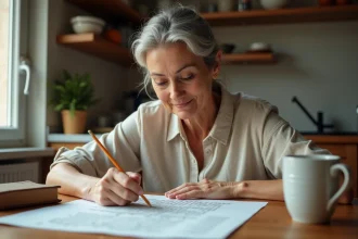 Femme concentrée résolvant une grille de mots croisés posée sur une table en bois avec un crayon à la main