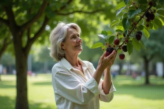 Femme d'âge moyen cueillant des mûres sous un platane en ville