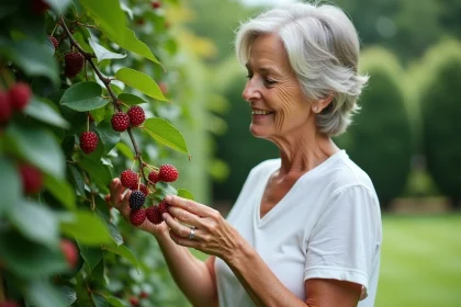 Femme examinant des m&ucirc;res m&ucirc;res dans un jardin verdoyant