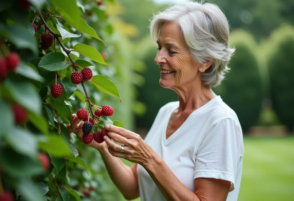 Femme examinant des mûres mûres dans un jardin verdoyant
