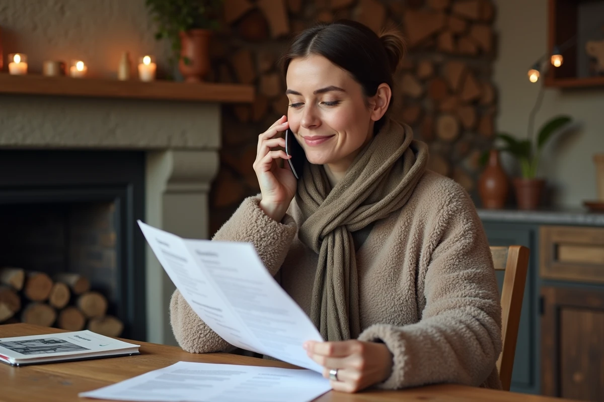 Femme discutant au téléphone avec liste de prix dans une cuisine chaleureuse