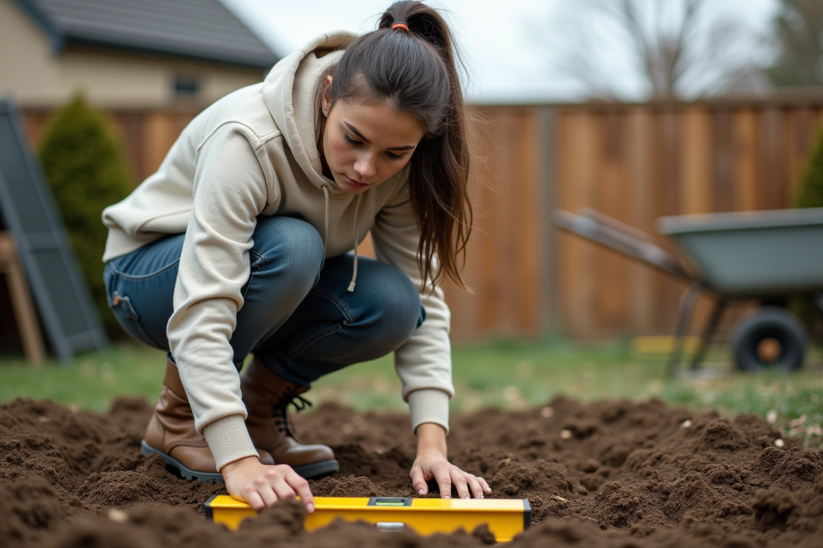 Jeune femme vérifie un niveau dans un jardin pratique