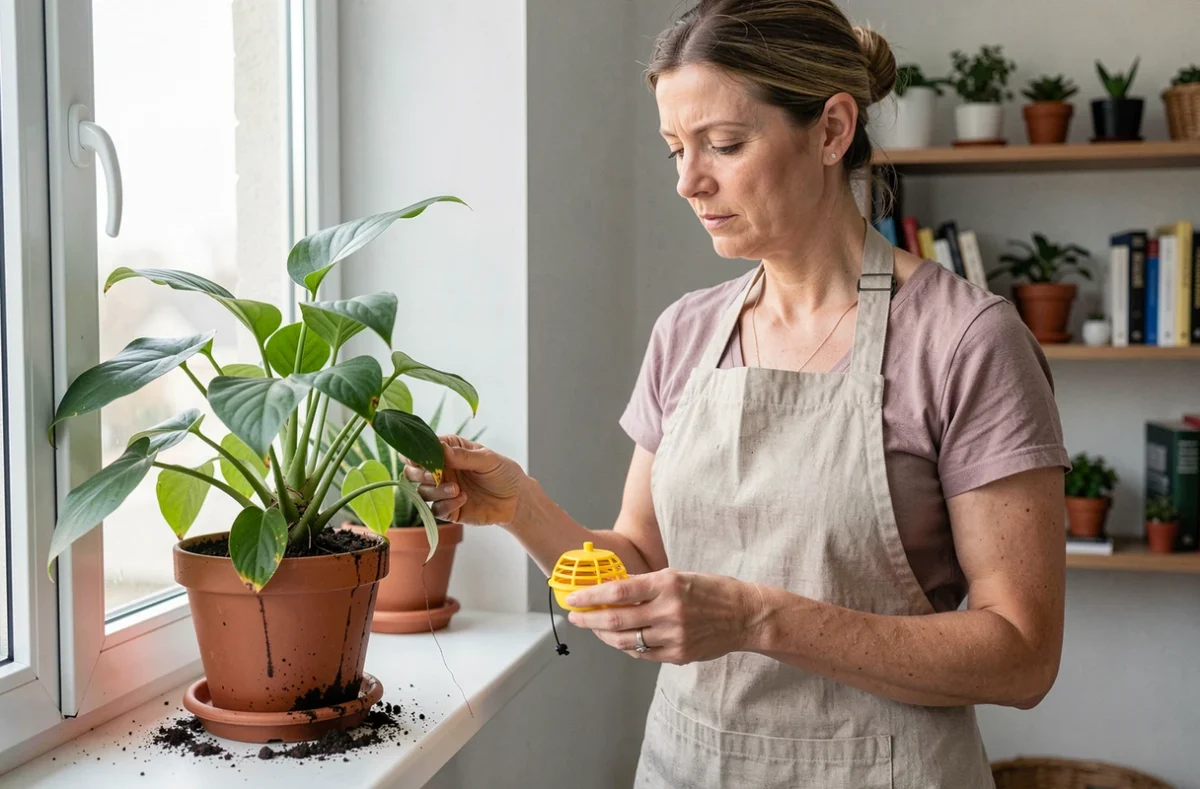 Femme posant un piège à moucherons collant jaune près d'une plante d'intérieur sur un rebord de fenêtre