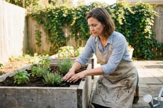 Femme plantant des herbes aromatiques dans un bac en bois surélevé dans un jardin extérieur