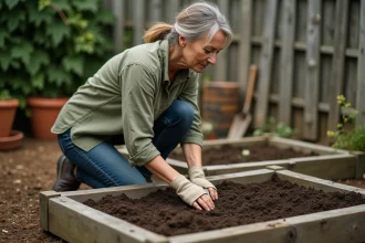 Femme agenouillée qui prépare la terre d'un potager en carré fait de planches recyclées dans un jardin suburban modeste