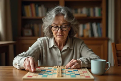 Femme jouant au Scrabble avec des lettres en U sur un plateau en bois, cherchant le mot parfait