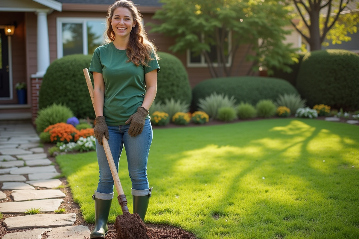 Jeune femme ratisse la pelouse fraîchement semée