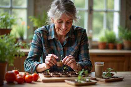 Femme plantant des graines de tomate en intérieur