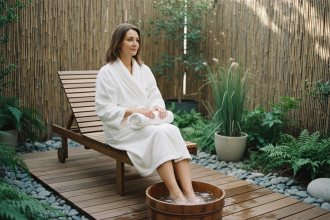 Femme en robe blanche dans un spa extérieur relaxant