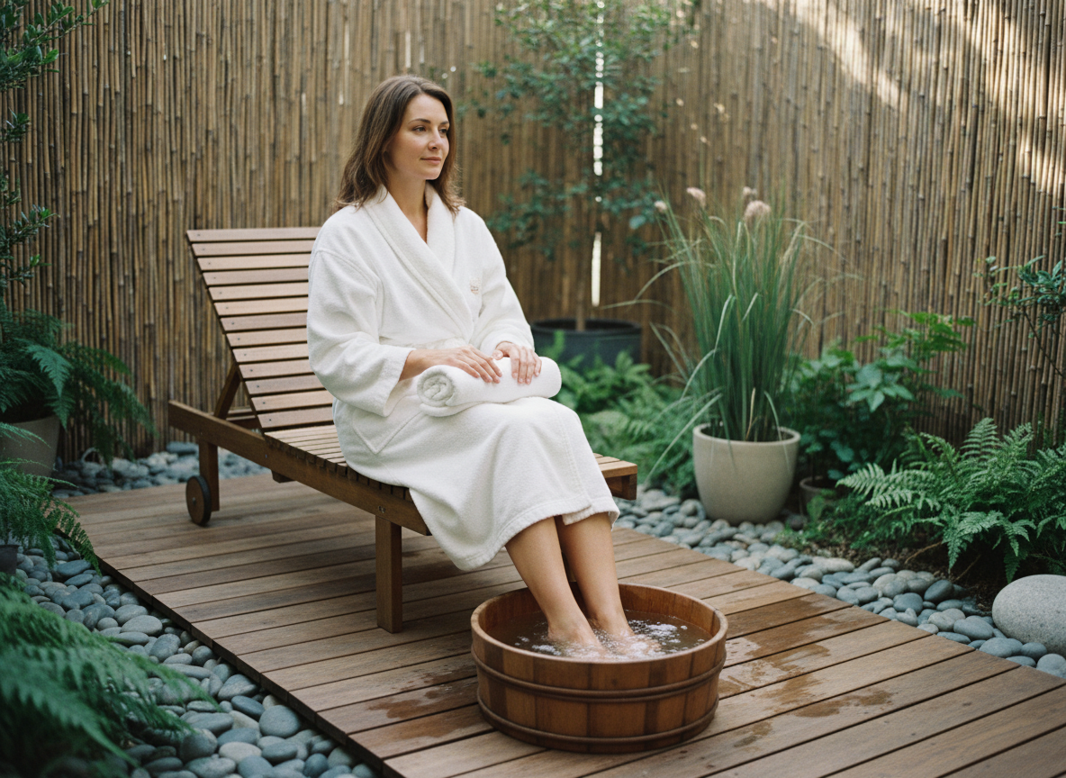 Femme en robe blanche dans un spa extérieur relaxant