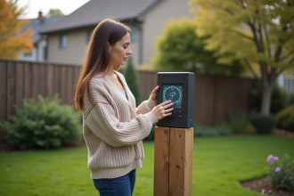 Femme vérifiant la station météo dans un jardin suburbain