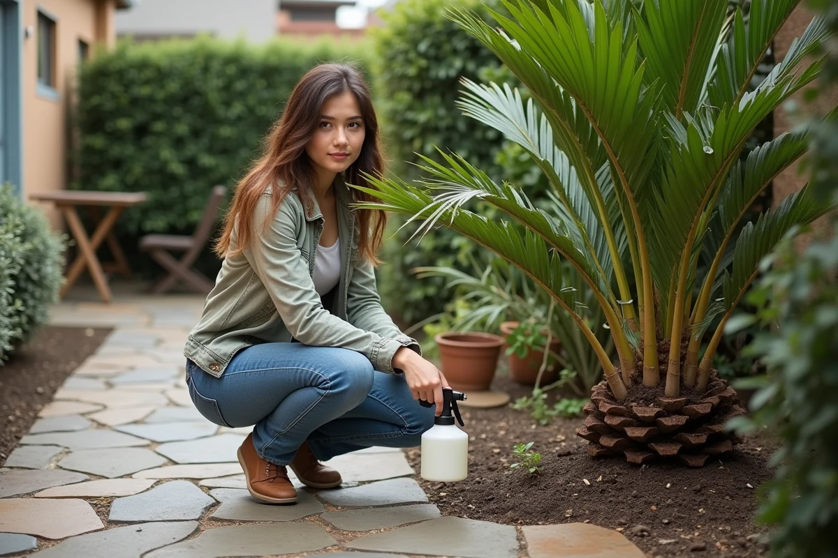 Jeune femme applique un traitement sur un palmier