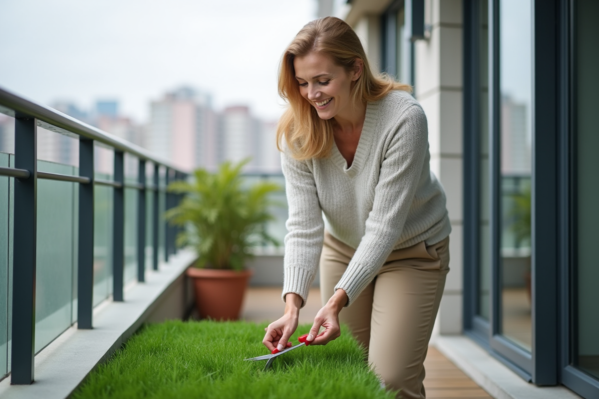 Femme taille le gazon artificiel sur un balcon urbain