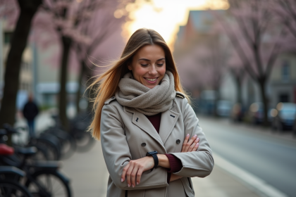 Femme souriante regardant sa montre dans une rue urbaine au printemps