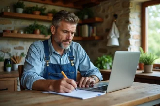 Fermeur en bleu travaillant à la maison avec ordinateur