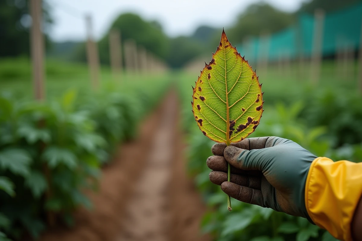 Gros plan d'une feuille de tomate atteinte de mildiou tenue par un jardinier ganté, illustrant les maladies fongiques sans traitement à la bouillie bordelaise après son interdiction