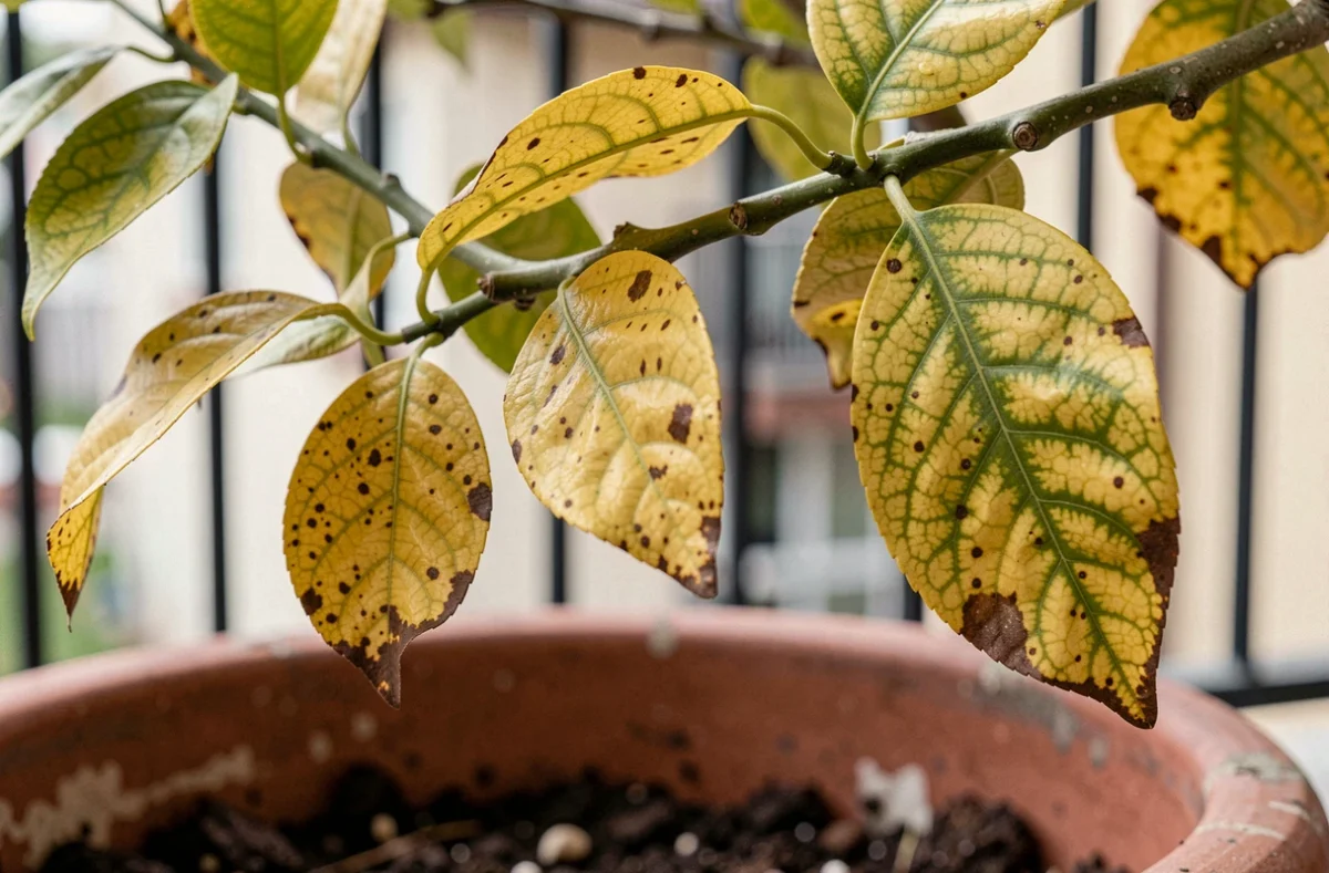 Gros plan sur les feuilles jaunes et malades d'un citronnier en pot avec détails de chlorose et bords bruns