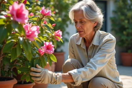 Femme inspectant les feuilles jaunes d'un laurier rose dans un jardin méditerranéen avec des pots en terre cuite